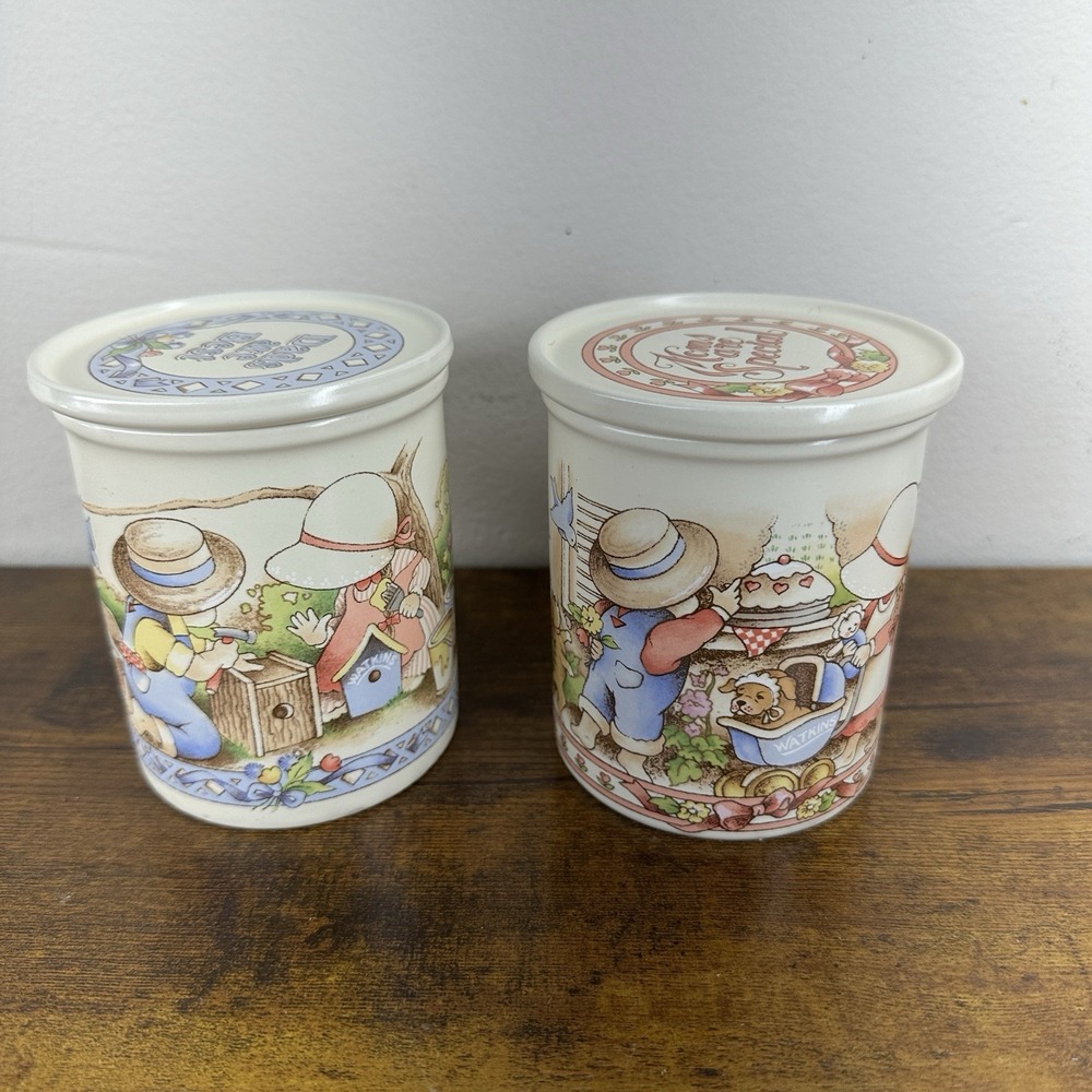 Vintage Watkins Country Kids Mug Set 1990 Ceramic Coffee Cup Coaster Lid Lot 2